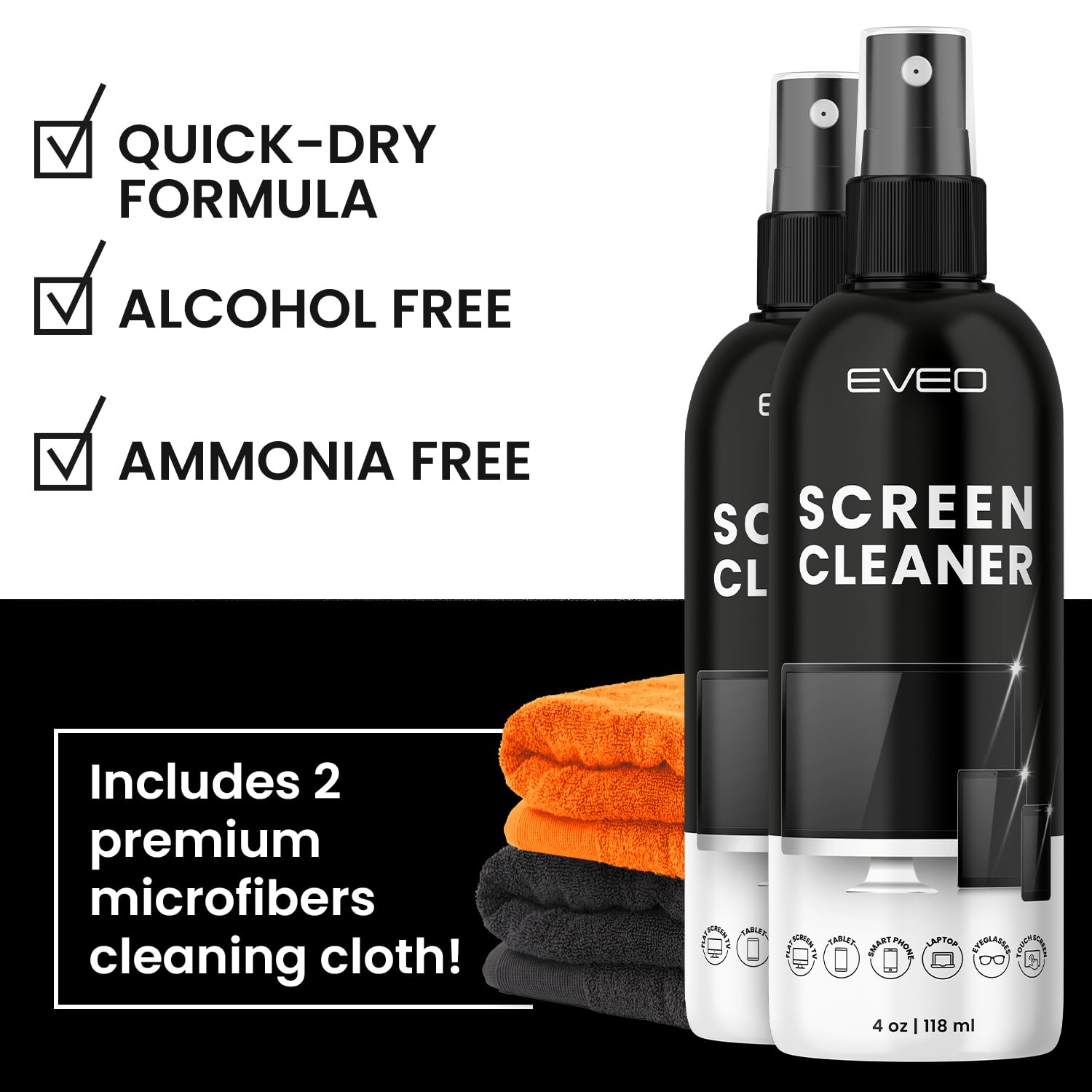 Screen Cleaner Spray 8oz(4ozx2) & Microfiber Clothes - EVEO TV